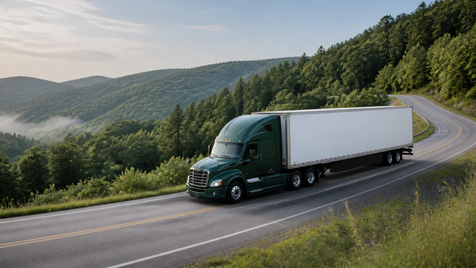 Synthetic illustration of a green semi-truck on a country road